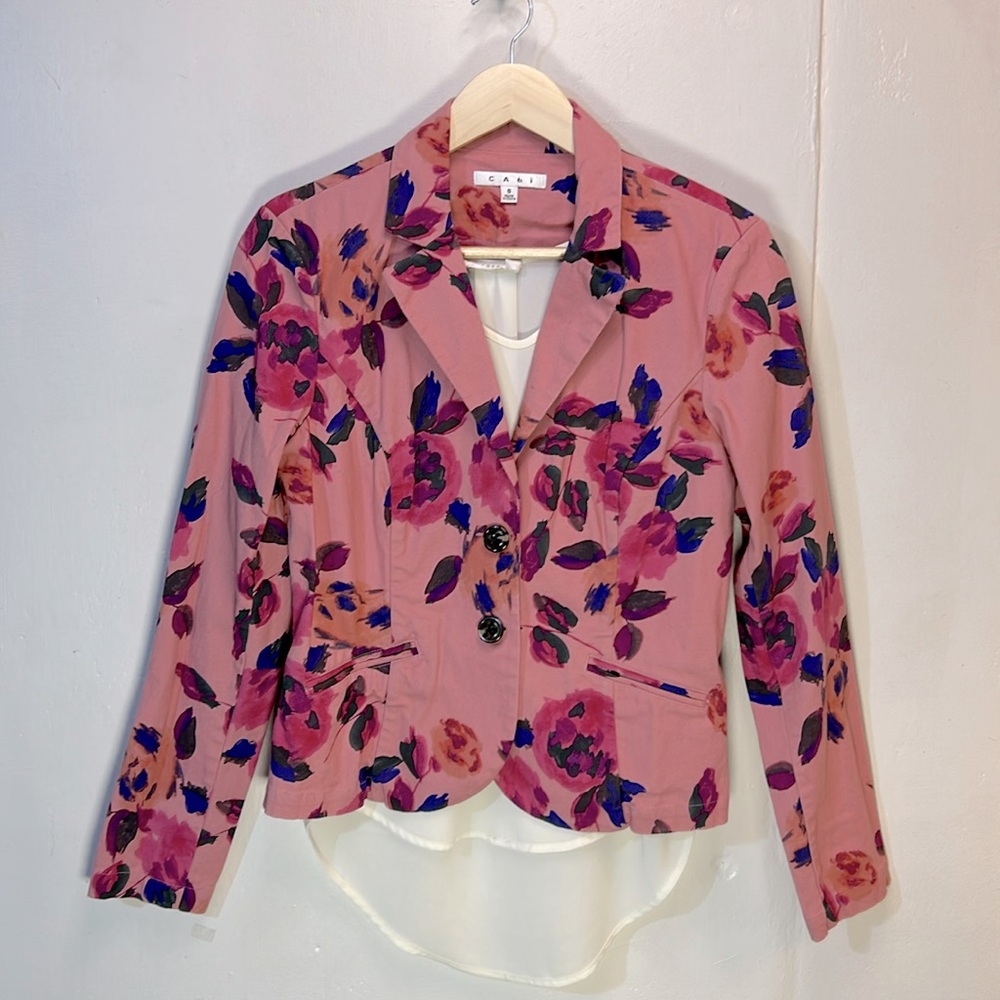 Cabi Pink Denim Foral Stylish Spring Blazer Jacket-8-#0018